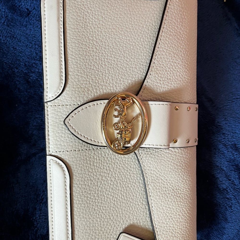 White and Gold Pebbled Leather Clutch with Medallion